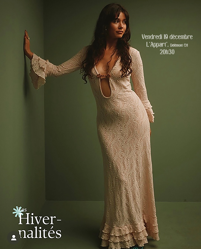 AZURE, Swiss artist in a long lace dress. Poster for concert Les Hivernalités at L'Appart' Delémont, Switzerland on December 19, 2025.