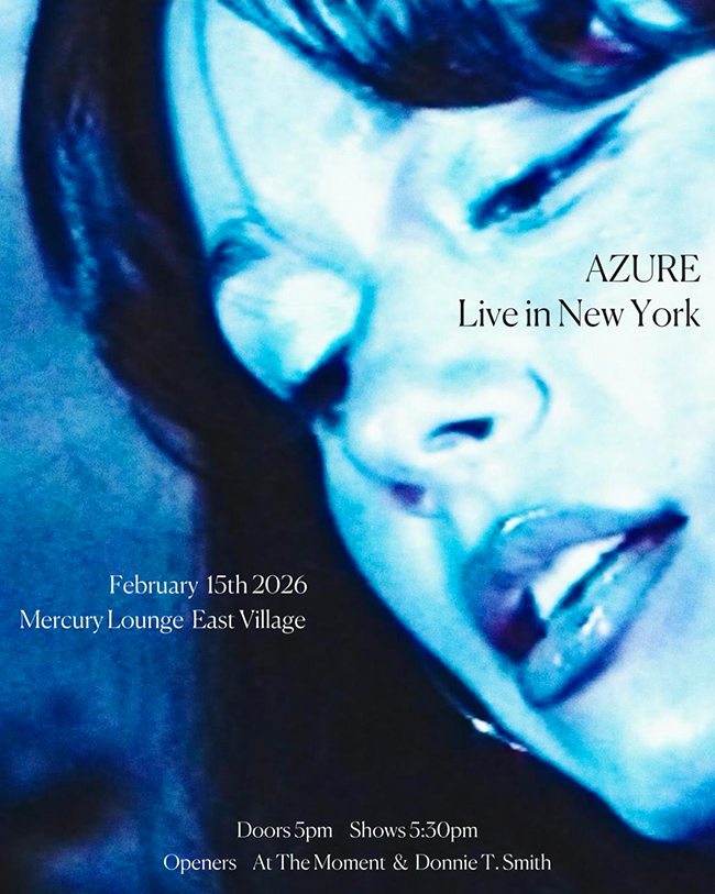 Face of AZURE, Swiss singer, songwriter in concert poster for Mercury Lounge, East Village, NYC.